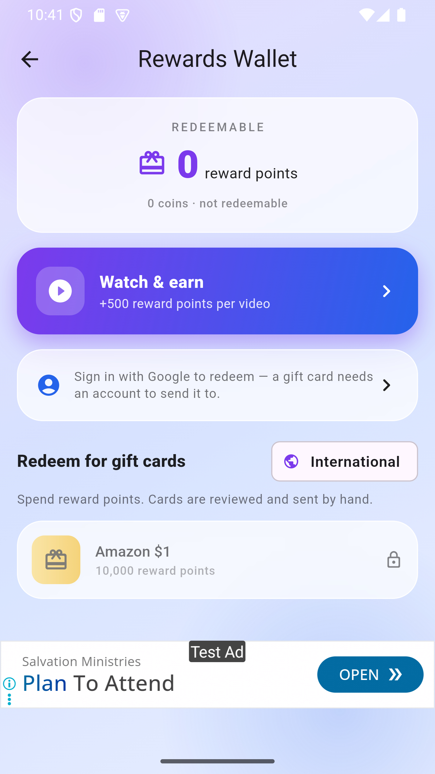 Rewards wallet with gift cards